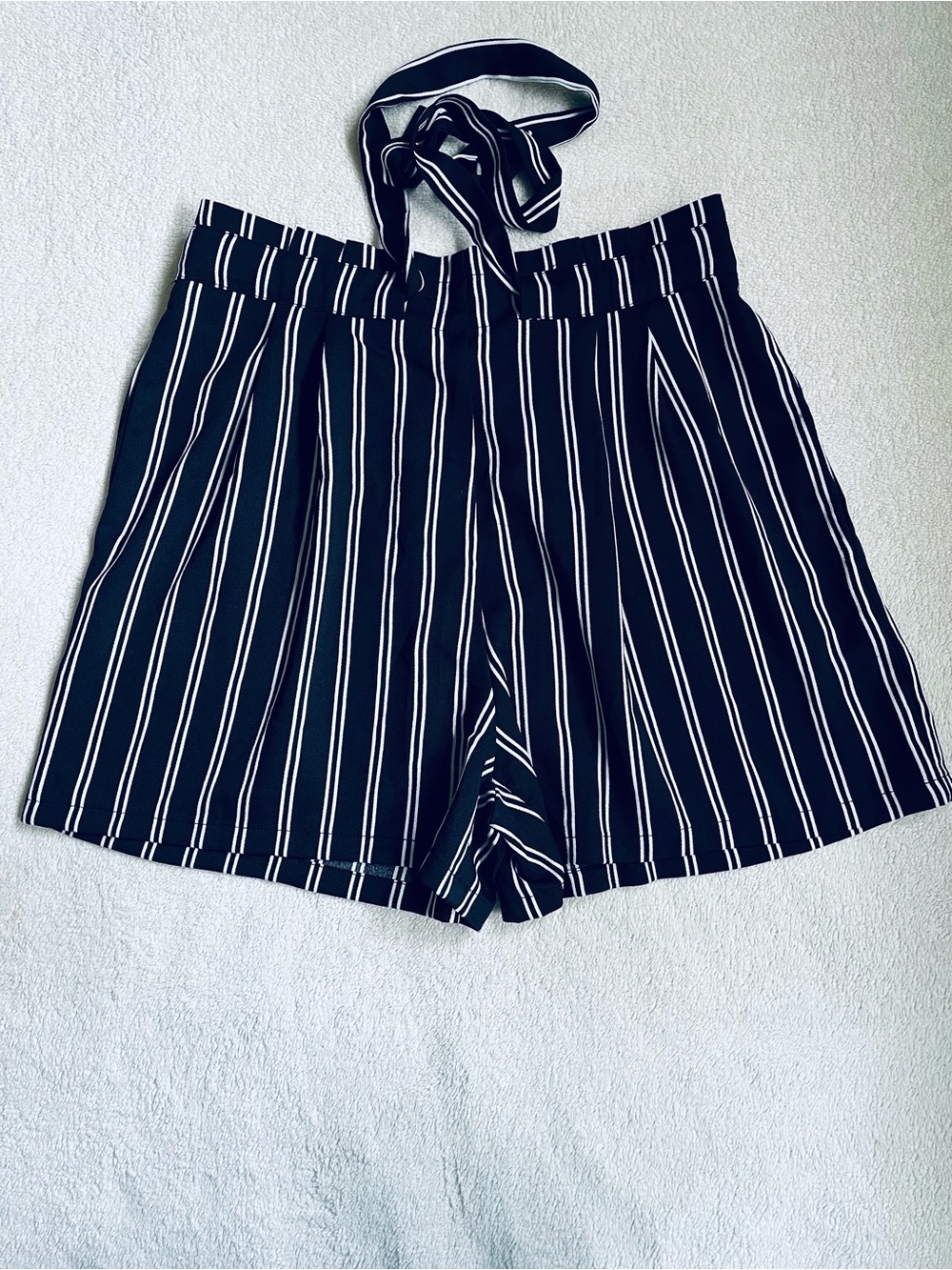 DR2 Black and White Vertical Stripe Tie-Waist Shorts